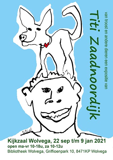 flyer aankondiging expositie met afbeelding van een hondje op het hoofd van een mens