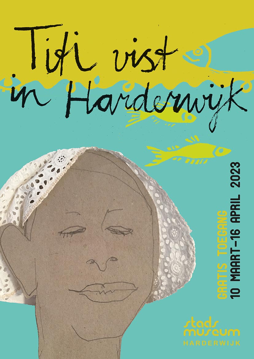 Flyer expositie Titi vist in Harderwijk met afbeelding vrouw met wit kapje
